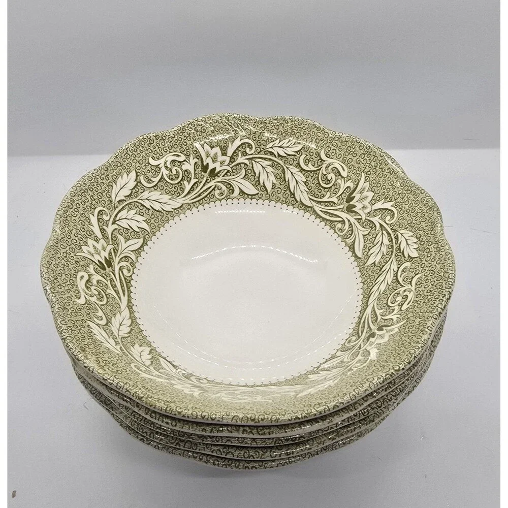 5 Vintage J&G Meakin England Sterling Renaissance Green Soup Cereal Bowls 6.5